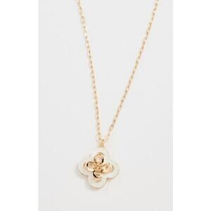 NEW Tory Burch Kira Clover Pendant Necklace Gold Mother of Pearl White Logo